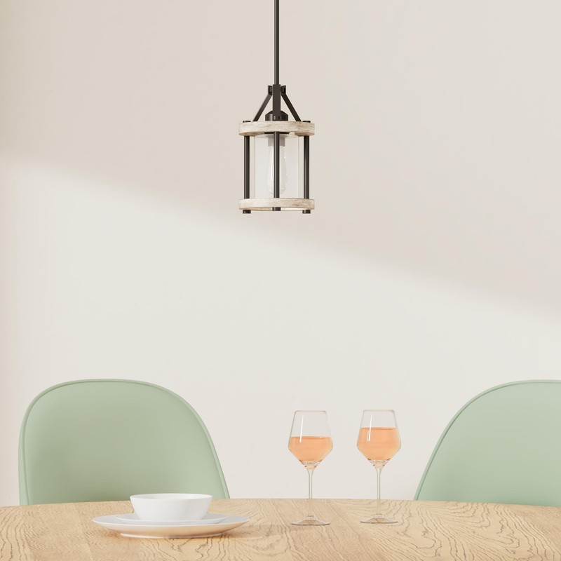 Ejerlya Farmhouse Pendant Light, Rustic White Wood and Metal Cage