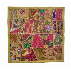 Rastogi Handicrafts Handmade Patchwork Cushion Pillow, Sari Patch Throw Pillow Indian Ethnic Pillow Covers Embroidered Sari Patchwork Cushion Cover (Brown)