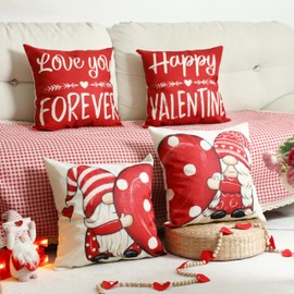 NEWLIGHTURE Valentines Day Pillow Covers 18x18inch, Love You Forever Valentine Gnome Heart Happy Valentine's Day Decoration for Couch Sofa Pillow Cases Set of 4
