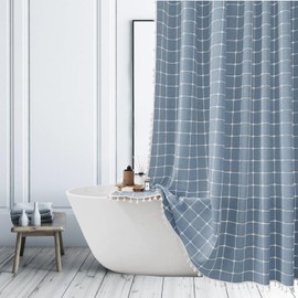 ggaimwf Boho Style Blue Shower Curtain Bathroom Shower Curtains Modern Farmhouse Minimalist Country Bath Curtain Linen Fabric Shower Curtain Heavy Fabric with Tassels 180x180cm