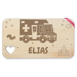Breakfast Board Wooden Heart – Ambulance – Ambulance with Name – Gift Emergency Service Paramedic Rescue Car Ambulance – 22.5 x 12.5 – Wood