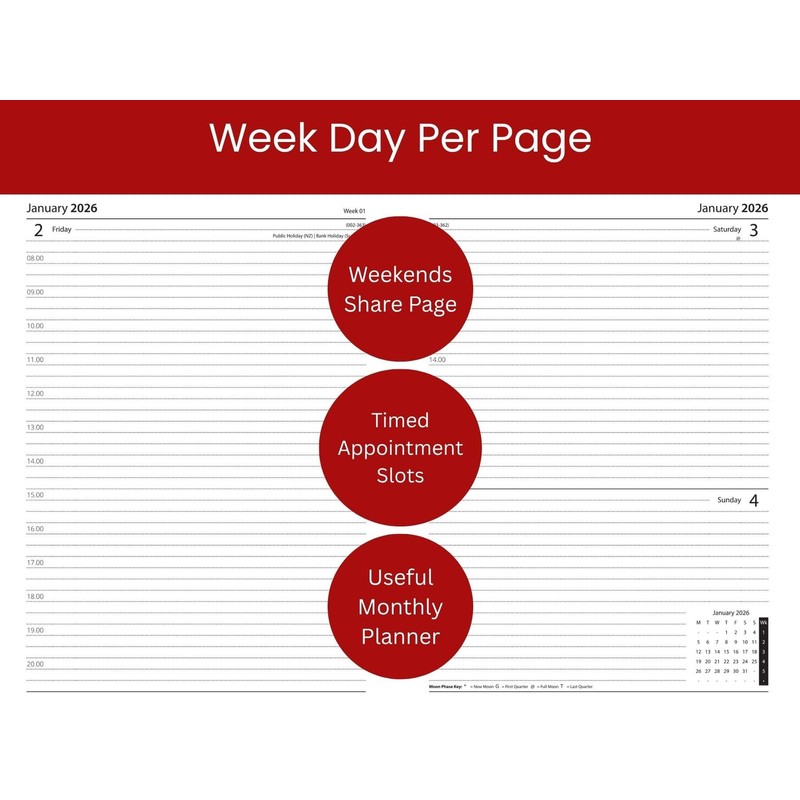 2026 A6 Diary Week Day Per Page - Hardback Red