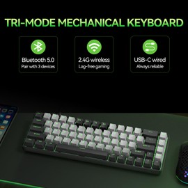 TMKB T68 60% Wireless Mechanical Gaming Keyboard, Tri-Mode BT5.0/2.4GHz/USB-C with Red Linear Switch, RGB Backlight, Anti-Ghosting, Compact 68 Keys, Wired/Wireless, Black/Gray