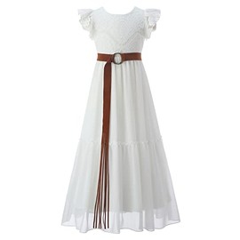 Bow Dream Flower Girl's Dress Vintage Lace with Belt Cowgirl for Junior Bridesmaid Country Party Ankle Length White 12