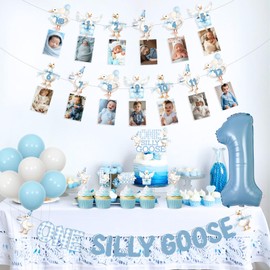 Wonmelody Goose First Birthday Decorations for Boy One Silly Goose Banner Garlands Goose Cupcake Toppers Blue Monthly Photo Banner Farm Animal First-Birthday Supplies for Funny Goose 1st Bash