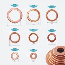 KUBOWAI 150-Piece M6-M20 Copper Seal Assortment Set, Copper Flat Seal, Sealing Copper Ring, Drain Plug Seal with Storage Box (8 Sizes)