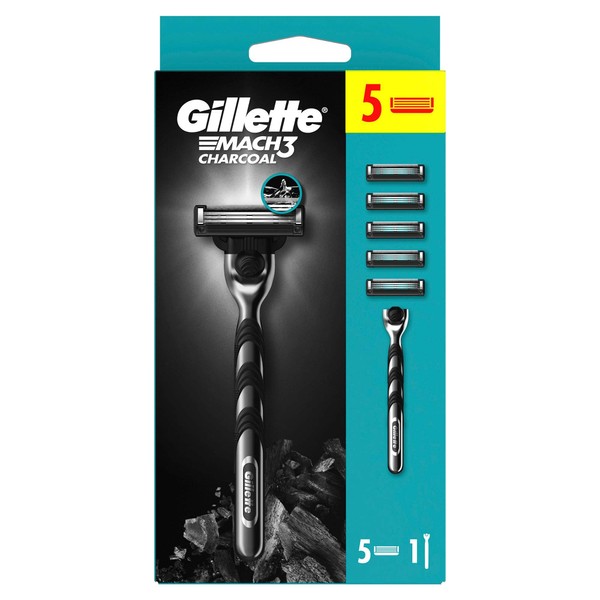 Gillette Mach3 Charcoal Men's 3 Blade Shaving Machine, 1 Gillette Shaving Machine, 5 Replacement Blades, Charcoal Inspired Handle