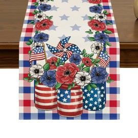 4th of July Patriotic Memorial Day Table Runner 13x72 Inch Independence Day Buffalo Plaid Vases Flowers Kitchen Dining Table Decor for Indoor Outdoor Home Party Decoration ZQ112