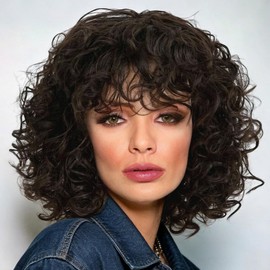 Dark Brown Short Curly Bob Wigs for Women Natural Wavy Synthetic Wigs with Bangs Heat Resistant Daily Party Halloween Wigs