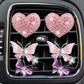 Bling Heart & Butterfly Air Vent Clips, Pink Heart&Butterfly Car Air Fresheners Vent Clips Car Diffuser Vent Clip Rhinestone Diamond Car Decoration Car Interior Decor Cute Car Accessories for Women