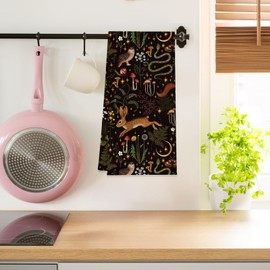 Mystic Forest Magic Kitchen Towel, 16x24 Inch Waffle Weave Hand Towel with Rabbit, Owl, Snake and Mushroom Design, Gothic Boho Decorative Dish Towel for Kitchen & Bathroom, Witchy Gift for Women
