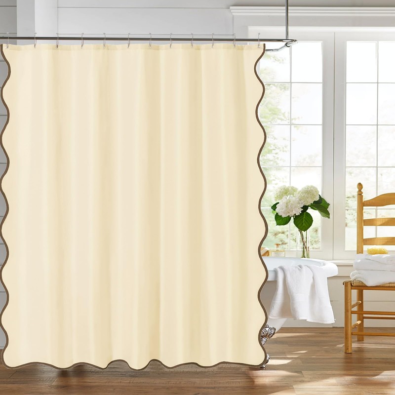 ORTIGIA Beige Shower Curtain with Brown Scalloped Edge 72 W