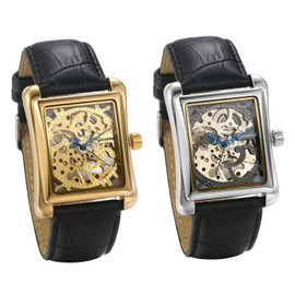 JewelryWe Men's Analogue Automatic Watch Automatic Mechanical Leather Strap Rectangle Skeleton Wristwatch Automatic Watch Gold/Silver, 2 pieces (gold/silver), Christmas Day, birthday