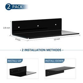 Sezanrpt 12 Inches Small Black Wall Shelves Set of 2, Acrylic Floating Shelf for Wall, Wall Mounted Display Shelf for Bedroom, Living Room, Funko Pop Shelves, Smart Speaker, 2 Pack