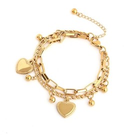 18K Gold Stainless Steel Heart Bracelet for Women with Ball and Heart Charms Gifts for Women, 6.2 Inches, Stainless Steel, no gemstone