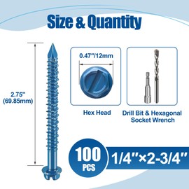 ANCHOREASE 1/4″×2-3/4″ (100PCS) Hex Head Concrete Screw Anchor with Drill Bit, Blue Screw, for Anchoring to Masonry, Block or Brick