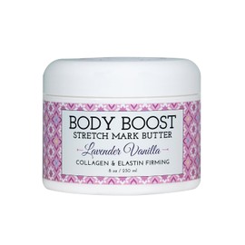Body Boost - Mantequilla elástica de lavanda y vainilla (8 onzas), tratamiento de estrías y cicatrices, seguro para embarazo y lactancia, con manteca de karité