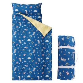 Bunnikins & Clover Toddler Nap Mat with Removable Pillow, Nap Mats for Preschool, Easy Clean Toddler Nap Pad for Kindergarten, Kids Sleeping Bag for Travel Camping (Dino)