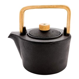 Tetsubin 43 oz Black Cast Iron Osaka Teapot - Wooden Handle and Knob - 7 1/2" x 6" x 5" - 1 count box - Restaurantware