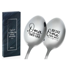 Mother's Day Gift for Grandma, Gifts for Grandma, Grandma Gifts for Birthday, 2 Pieces Ice Cream Spoons with Engraving, Stainless Steel Design - Beste Oma der Welt, Oma wir haben Dich lieb