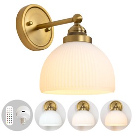 HEQIQEH Vintage Rechargeable Battery Operated Sconce Wall Lighting with Remote Control, Dimmable Ribbed White Glass Shade Wall Mounted Lamp Fixture for Bedroom Vanity Bathroom Living Room