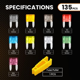 135 Pcs MADCATZ Mini Car Fuse, Blade Fuses Assortment kit (2A 5A 7.5A 10A 15A 20A 25A 30A 40A) Automotive Blade Fuse for RV, Truck, Marine, Auto Accessories
