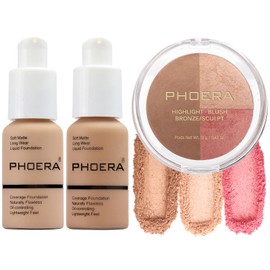 PHOERA Foundation, PHOERA Contour Palette,Shades with Highlighter & Bronzer & Blush,PHOERA Makeup Lightweight Long Lasting Wrinkles Matte Natural Finish (104+105+ #002 Contour/Buff Beige+Sand+#002)