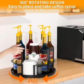 ZDDLOINP Coffee Syrup Organizer 8 Bottles, Rotating Coffee Syrup Holder with Stirrers Storage for Syrup Bottles, Cup and Lid, Wine Display, Syrup Rack Stand for Coffee Bar Organizer, Kitchen