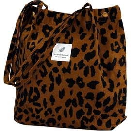 Nucalt Brown Leopard Print Women's Large Shoulder Bag Corduroy Bag Handbag Shopper Tote Bag Casual Shoulder for Everyday Office School Trips and Shopping