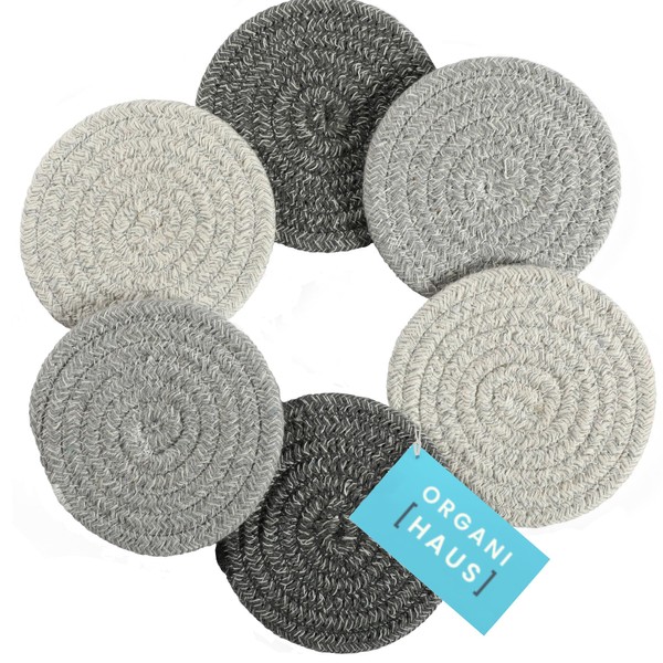OrganiHaus Coasters for Coffee Table | Farmhouse Coasters for Drinks | Boho Coasters | Absorbent Coasters for Coffee Table Decor | Woven Coasters | Rustic Coasters | Set of 6 Gray Rope Drink Coasters