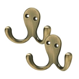 2 x Antique Brass Double Coat Hooks, Door & Wall Robe Dress Garment Hangers