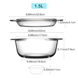 Clear Round Glass Casserole Dish With Lid Non-Plastic Lidded Casseroles Easy Grab Glass Cooking Bowls with Glass Lid, Microwave, Oven, Freezer, and Dishwasher Safe (1.5L)
