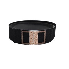Unbranded Women Wide Black Elastic Band Belt Gold Metal Skulls Buckle Adjustable Size S M
