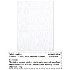 1.5 Inch Letter Stickers, 544 Pieces Alphabet Number Symbol Stickers for Scrapbooking, Sign, Water Bottle, Self-Adhesive Vinyl Letter Sticker Decals for Arts&Crafts - 8 Sheets, White