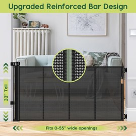Reinforced 55" Wide Retractable Baby Gates with Reinforced Strips Retractable Dog Gate for the House Prevents Bottom Drilling Through Kid/Pet Mesh Baby Gate for Stairs Puppy Gates for the House, Black