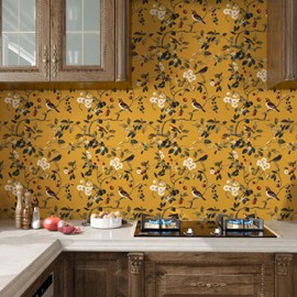 Vintage Bird Wallpaper 17.5"x393" Yellow Chinoiserie Floral Wallpaper Peel and Stick Removable Waterproof Self Adhesive Boho Wall Paper Floral Contact Paper for Bedroom Walls Cabinet Locker