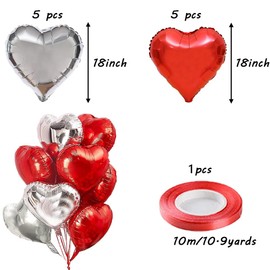Jwssor Red Heart Balloons,10pcs 18inch Valentines Balloons,Red and Silver Heart Shape Balloons for Wedding Engagement Anniversary