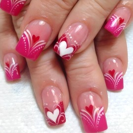 Rchovsam Valentine's Press on Nails Short Square Nails Press Ons Pink French Tip Love Designs False Nails Full Cover Artificial Fake Nails Valentine's Gift for Women 24pcs