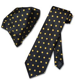 Vesuvio Napoli BLACK w/YELLOW Polka Dots NeckTie Handkerchief Matching Tie Set