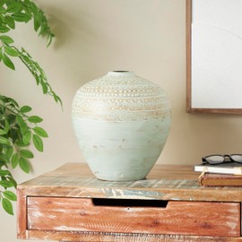 Deco 79 Ceramic Decorative Vase Antique Style Wide Rounded Centerpiece Vase with Geometric Tribal Carvings, Flower Vase for Home Decoration 11" x 11" x 12", Green