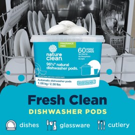 Nature Clean Nature Clean All Natural Dishwasher Pods, Plant-Based Non Toxic Dishwasher Detergent Pods, Dishwashing Pods Tough on Grease, Dish Pods for Dishwasher, Unscented Dishwasher Pods, 60 Count, Pack of 1