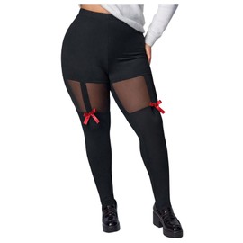 GORGLITTER Women's Plus Size High Waisted Tummy Control Leggings Mesh Sheer Bow Skinny Pants Black XX-Large Plus