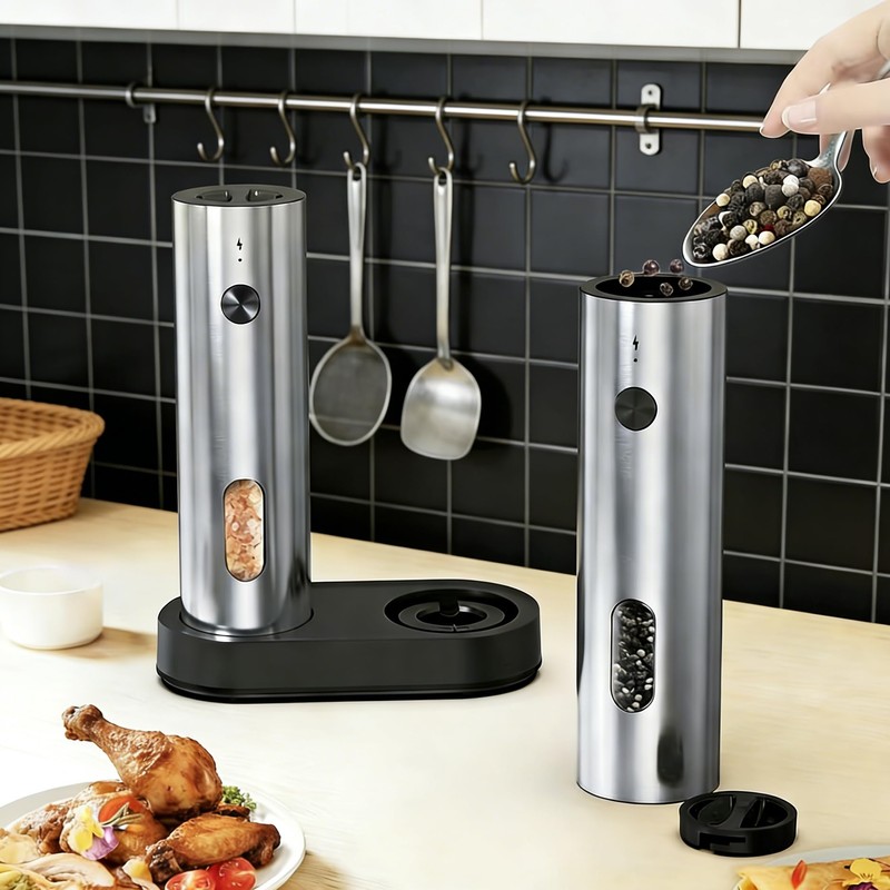 Electric Salt and Pepper Grinder Set, Rechargeable Stainless Steel with
