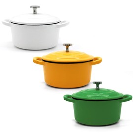 RJ Legend Mini Dutch Oven Pot Set of 3 - Enamel Surface, Non-Stick Cast Iron Cookware - Ideal Gift for Your Friends & Family - Green, White, Yellow