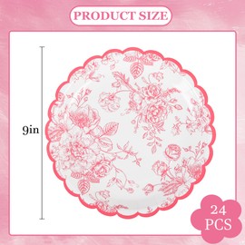 Elyxio Pink Floral Party Plates Floral Leaf Scalloped Disposable Paper Plates Pink and White Toile 9" Dinner Plates for Valentines Bridal Baby Shower Tea Party Supplies Table Decor (24)