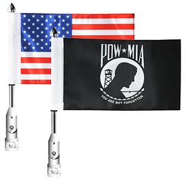 2 Pack Motorcycle Flag Pole Mount Kits Compatible For Harley Touring Spring Honda Gold Wing With Tour Pak 1/2'' Luggage Rack (Chrome Flagpole+Red US Flag+Black Pow Mia Flag)