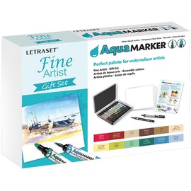 Letraset AquaMarker Gift Set (12 colours + Storage tin + Bleedproof Marker Pad + Blender + Fine Line Drawing Pen) - Fine Artist