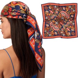 AWAYTR 35” Silk Scarf for Women Large Head Scarf Square Hair Scarf Satin Hair Bandana Printed Silk Sleeping Head Wrap (Cashew flower(Orange))