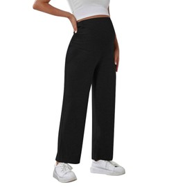 LOKTENPIE - Pantalones de maternidad de pierna ancha sobre el vientre, pantalones casuales y de trabajo, pantalones de pijama de maternidad con bolsillos, Negro -, L