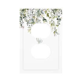 Sage Green Watercolor Plant Leaves with Floral 1 Gang Electrical Outlet Covers Single Duplex Wall Plate Decorative Receptacle Light Switch Cove for Bathroom Bedroom Decorate